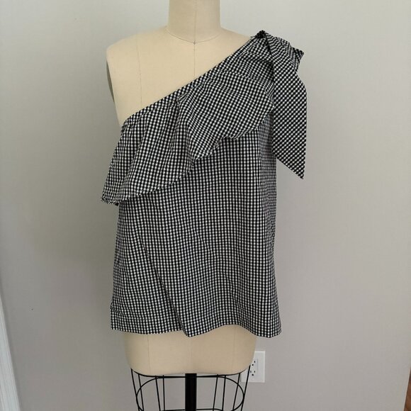 VINEYARD VINES Women's Black and White Gingham Ruffle One Shoulder Bow Top Sz 8 - Picture 1 of 7